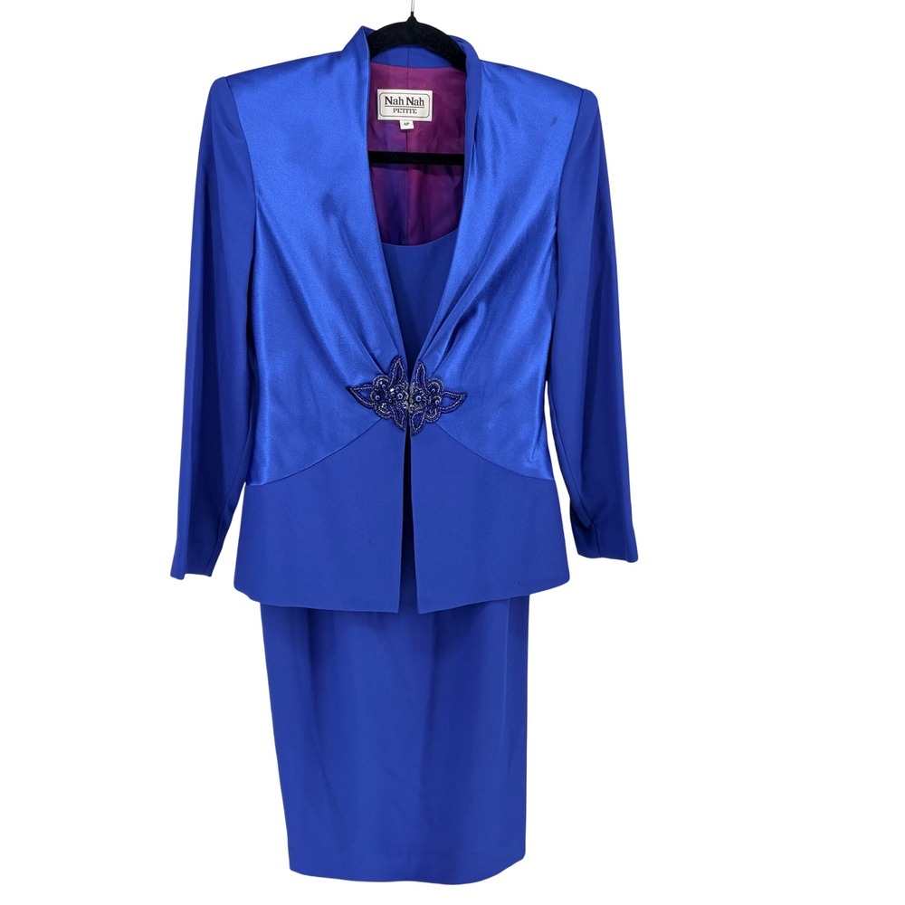 Nah Nah Petite Skirt Suit 6P Royal Blue Beaded Satin Trim Vintage 90s Dress Set